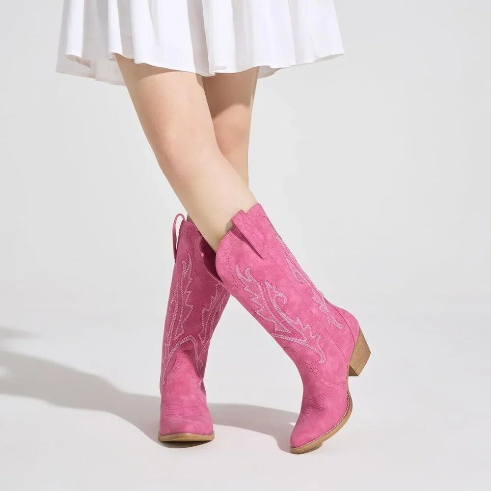 Women Pink Synthetic Embroidered Pointy Toe Comfortable Chunky Heel Cowgirl Boot - Picture 4 of 7